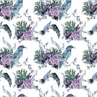 Gothic floral seamless pattern with crow drawn. Black lily, peony and leaves watercolor illustration isolated on white. Dark botanical decoration with black birds. Element for invitation, background. vector