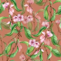 Watercolor branch of peach tree with pink flowers seamless pattern isolated on pink. Blossom fruit tree branch hand drawn. Design element for packaging, cosmetic, backdrop, wallpaper, textile. vector