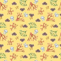 Watercolor seamless pattern of sea plants and starfish isolated on yellow. Seaweeds and coral hand drawn. Painted colorful algae print. Design element for textile, paper, packaging, marine collection. vector