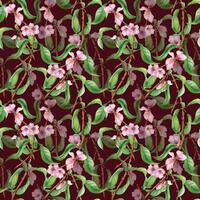 Blooming branch of tree with pink flowers watercolor seamless pattern isolated on dark. Blossom fruit tree branch hand drawn. Design element for packaging, cosmetic, backdrop, wallpaper, textile. vector