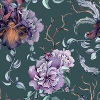 Gothic floral seamless pattern hand drawn. Black iris and peony flowers watercolor isolated on dark. Botanical dark art with snag and feathers for mystical party. Design for package, textile, paper. vector