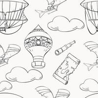 seamless pattern with black white retro airships. Endless monochrome background with contour of aerostat in cloudy sky hand drawn ink. Vintage aircraft in line art for child. Airplane da Vinci vector