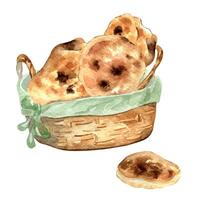 Pitta bread in a straw basket watercolor illustration isolated on white background. Hand drawn naan, lavash for bakery. Several pitas. Element for design bakeshop, signage, cookbook. vector
