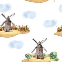 Windmill vintage in watercolor seamless pattern isolated on white background. Rural making bread mill hand drawn in sketch. Rural landscape for design package bread, flour, grocery store, bakery vector