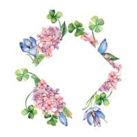 Frame with flowers and shamrock watercolor illustration isolated on white. Painted pink hydrangea flowers frame. Hand drawn Irish symbol. Design for St. Patrick day, Easter, springtime, package. vector