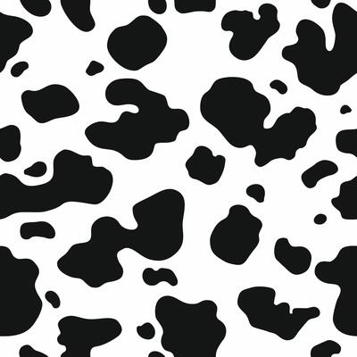 Cow skin texture, black and white spot repeated seamless pattern. Animal print dalmatian dog stains.