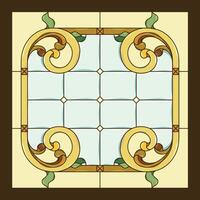 Ceiling panels stained glass window. Abstract flower, swirls and leaves in square frame, geometric ornament, symmetric composition, tiffany technique, classic style vector