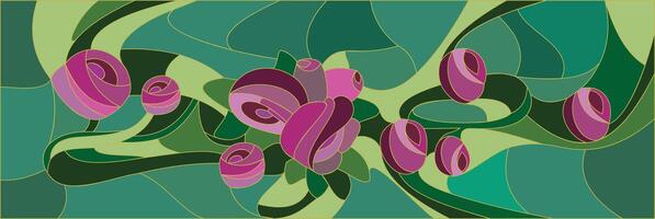 Stained glass panel. Tiffany technique, composition with flowers and leaves of rose. In a rectangular frame for a window or door vector