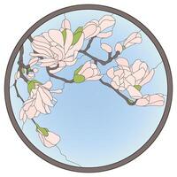 Colored stained-glass window in a round frame. Orchid floral arrangement of buds and leaves in the art Nouveau style. vector
