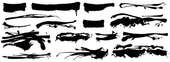 Brush strokes. Paintbrush set. Grunge design elements. Long text boxes. Dirty texture banners. Ink splatters. Dry hand drawn smear. Painted objects vector