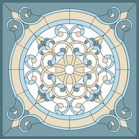 Ceiling panels stained glass window. Abstract Flower, swirls and leaves in square frame, geometric ornament, blue color, symmetric composition, stained glass tiffany technique, classic style vector