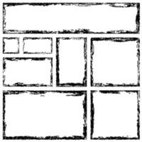Collection of rectangular ink grunge frames, borders set. Squared hand drawn box for text with torn, damaged edges. vector
