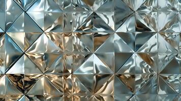 A closeup of a luxurious door panel featuring a smooth glossy finish and a geometric pattern made from mirrored glass tiles. Each tile reflects light differently creating a stunnin video