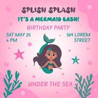 Birthday invitation with mermaid. template of mermaid theme birthday party invitation. vector