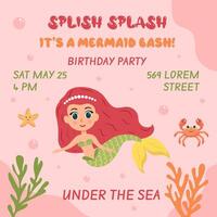 Birthday invitation with mermaid. template of mermaid theme birthday party invitation. vector