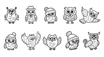 Cute line art owl set. Doodle owl characters in clothes and in different poses. Coloring book for kids. Nursery art style. vector