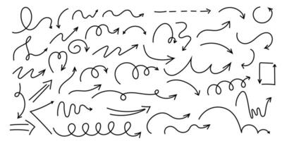 Spiral arrow doodle, wavy twist minimal squiggly line set. Curve comic turn way direction. Playful quirky simple free hand elements. vector