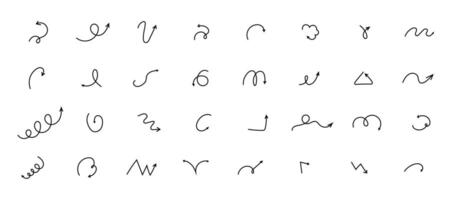 Spiral arrow doodle, wavy twist minimal squiggly line set. Curve comic turn way direction. Playful quirky simple free hand elements. vector
