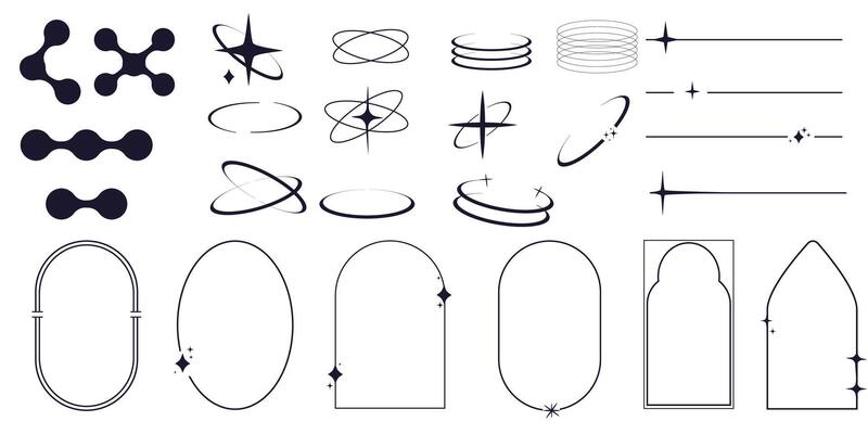 Set of y2k minimal geometric shapes thin line rings, abstract aesthetic element illustrated for banners, social media, poster design, sticker. Trendy design with frame, sparkles, star, lines