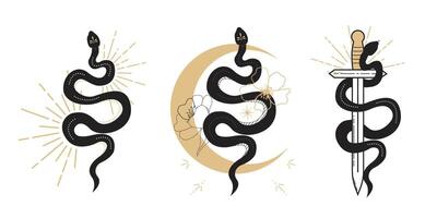 Set celestial serpent snake, esoteric tarot or tattoo mystery sacred symbol. Linocut style boho. Occultism and religion, sacred rites and sacrifice. Reptile vector