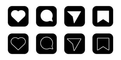 Media Icons interface social media like, chat, send and save symbols. Minimal ig set. Like notification, comment notification, follower notification social media vector