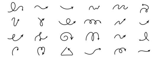 Spiral arrow doodle, wavy twist minimal squiggly line set. Curve comic turn way direction. Playful quirky simple free hand elements. vector