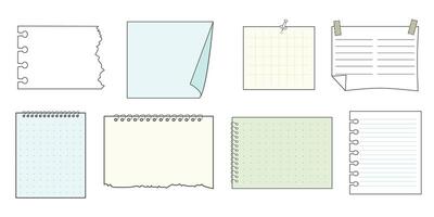 Memo sticky notes, sheet reminder, color office or school pages with tape, marks, pin, paperclip frames doodle style. Notebook bullet dairy list, funny retro drawing. vector
