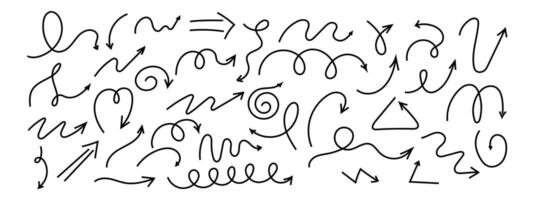 Spiral arrow doodle, wavy twist minimal squiggly line set. Curve comic turn way direction. Playful quirky simple free hand elements. vector