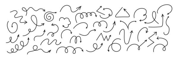 Spiral arrow doodle, wavy twist minimal squiggly line set. Curve comic turn way direction. Playful quirky simple free hand elements. vector