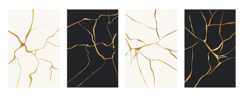 Kintsugi gold simple break lines, asian geaometric crackle. Surface with crack print, effect. Moderm cover golden broken texture. vector