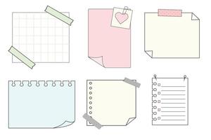 Memo sticky notes, sheet reminder, color office or school pages with tape, marks, pin, paperclip frames doodle style. Notebook bullet dairy list, funny retro drawing. vector