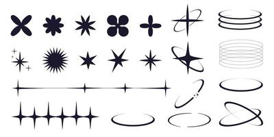 Set of y2k minimal geometric shapes thin line rings, abstract aesthetic element illustrated for banners, social media, poster design, sticker. Trendy design with frame, sparkles, star, lines vector