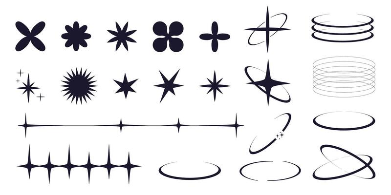 Set of y2k minimal geometric shapes thin line rings, abstract aesthetic element illustrated for banners, social media, poster design, sticker. Trendy design with frame, sparkles, star, lines