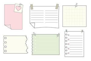 Memo sticky notes, sheet reminder, color office or school pages with tape, marks, pin, paperclip frames doodle style. Notebook bullet dairy list, funny retro drawing. vector