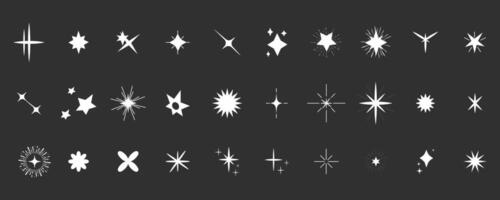 Set white shine sparkle icon glare,light,blink star minimal shape, burst and rays decoration. Twinkle magic comic shine isolated on dark background. vector