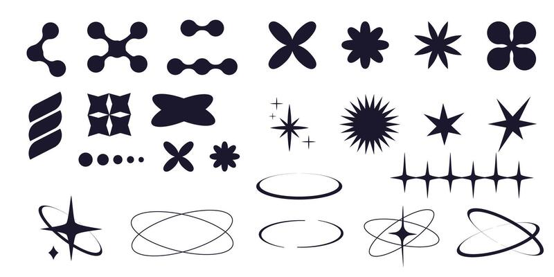 Set of y2k minimal geometric shapes thin line rings, abstract aesthetic element illustrated for banners, social media, poster design, sticker. Trendy design with frame, sparkles, star, lines