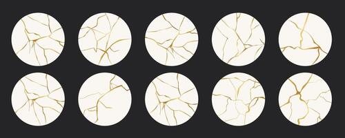 Highlight cover circle Kintsugi gold simple break lines, asian geaometric crackle. Social media frame surface with crack print, effect. Moderm cover golden broken texture. vector