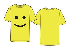 Yellow t-shirt with smile print. Front and back views. vector