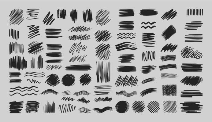 Grunge Hand Drawn pencil and marker Strokes on isolated background, Hand Drawn Illustration Set, Rough Monochrome vintage Graphic Elements, quick rough sketches and Scribbles