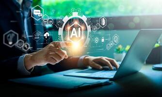 Businessman Interacting with AI Technology Interface on Laptop, Illustrating Artificial Intelligence Integration in Modern Business Operations, Digital Innovation, and Advanced Computational Systems photo
