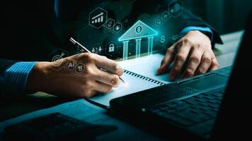 Innovative Financial Technology and Banking Concept with Digital Transformation, AI, Blockchain, and Analytics for Modern Finance, Global Economy, and Secure Online Transactions in a Virtual Banking photo