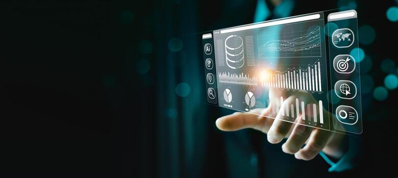 empresario trabajando en un ordenador portátil con un holográfico interfaz para grande datos analítica, artificial inteligencia, datos gestión, y estratégico decisión haciendo. mejorando eficiencia, conducción innovación foto