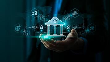 Innovative Financial Technology and Banking Concept with Digital Transformation, AI, Blockchain, and Analytics for Modern Finance, Global Economy, and Secure Online Transactions in a Virtual Banking photo