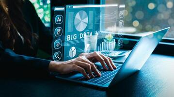 Businessman working on a laptop with a holographic interface for big data analytics, artificial intelligence, data management, and strategic decision making. Enhancing efficiency, driving innovation photo