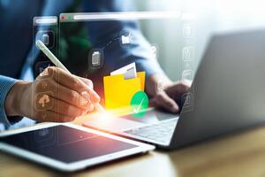 Document management system concept, software system for managing documents, information, organization. stores, searches, shares, controls data access, boosting efficiency and reducing data loss risks. photo