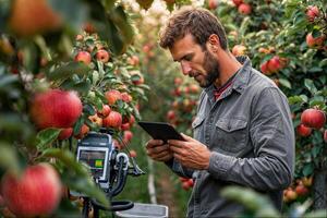 Young farmer controls the harvest in the apple orchard using modern technology photo