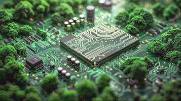 Circuit board with trees symbolizes connection between technology and nature. photo