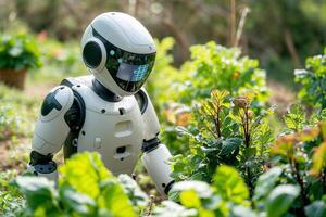 AI robot scanning health of garden plants, displaying data photo