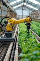 AI robot farming in a greenhouse with precision technology. photo