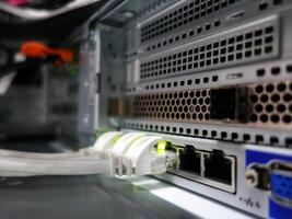 network cables connected to switch - closeup of data center hardware technology photo